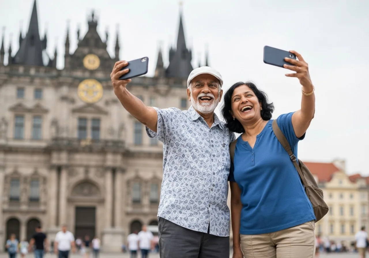 Multi generational travel India family at European landmark