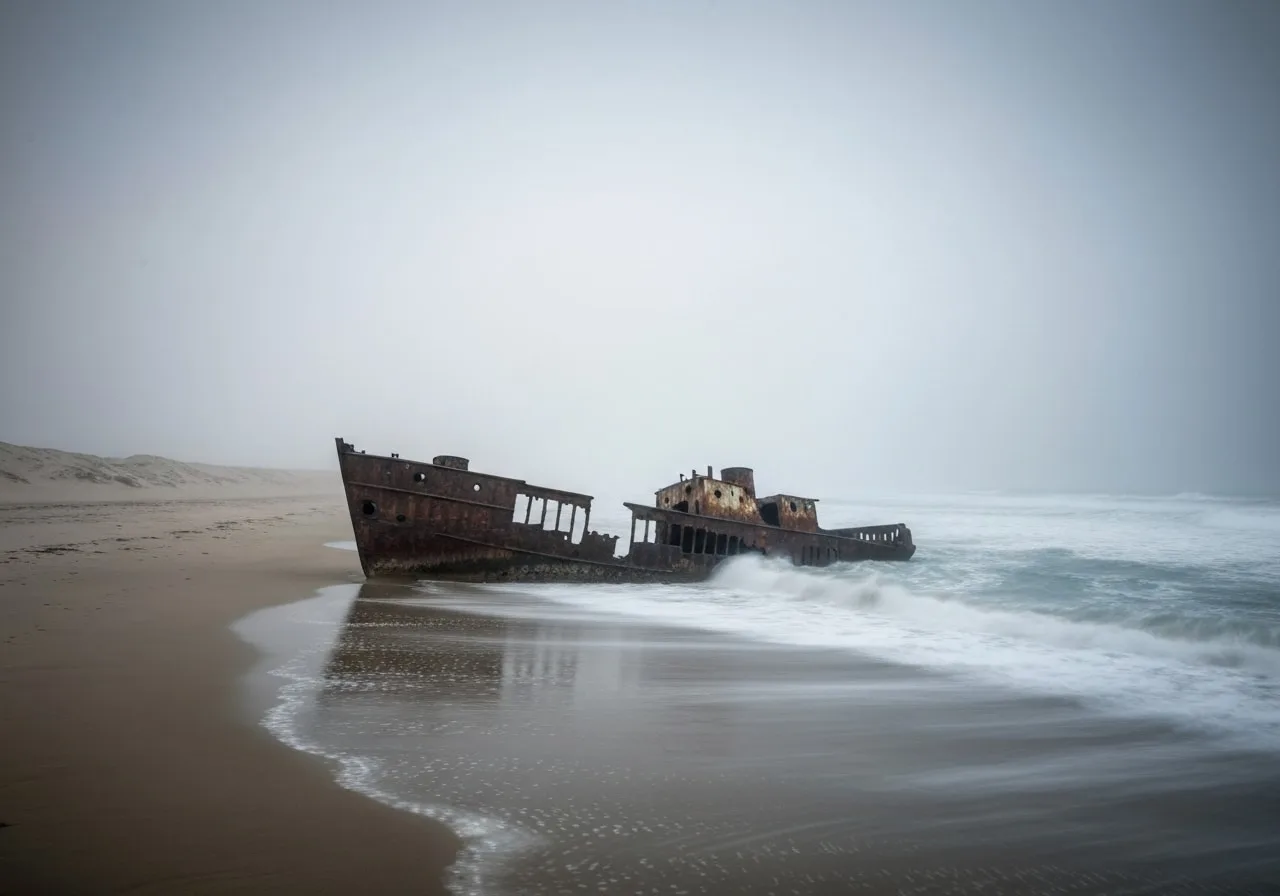 Skeleton Coast shipwreck in Namibia along the Atlantic shore