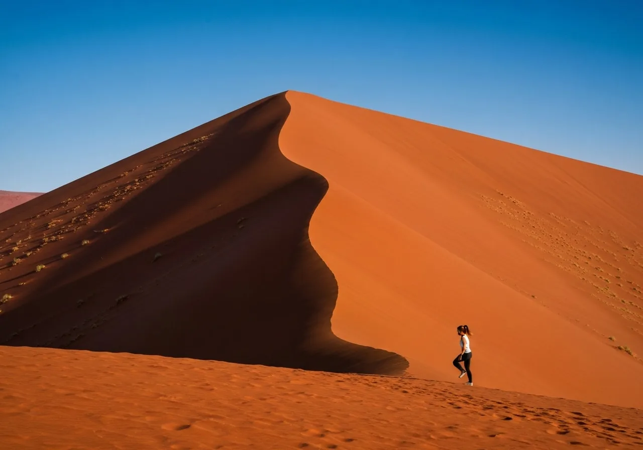 Sossusvlei sunrise with climber ascending orange sand dune