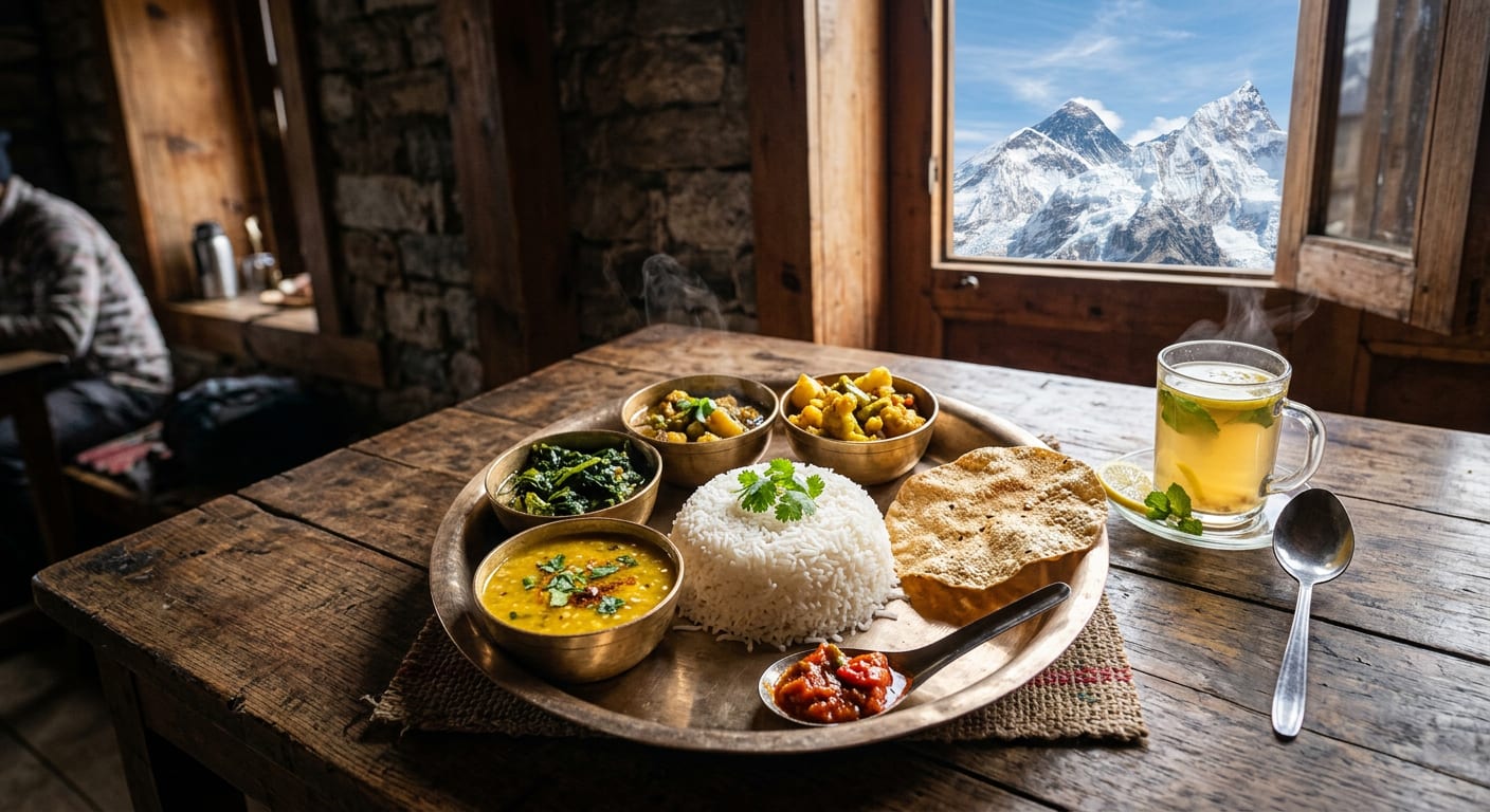 dal bhat meal at Nepal teahouse with mountain view