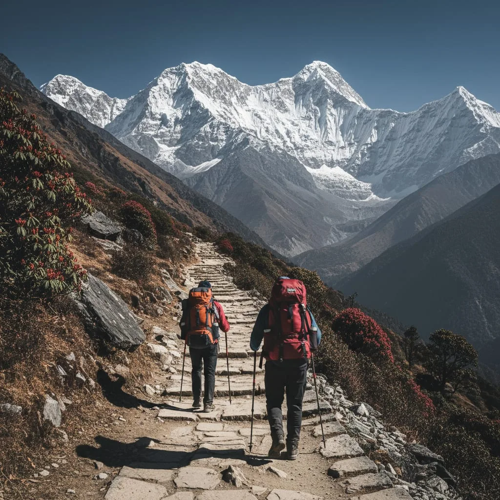 Himalayan mountain trekking trail with prayer flags and snow-capped peaks on the Annapurna circuit