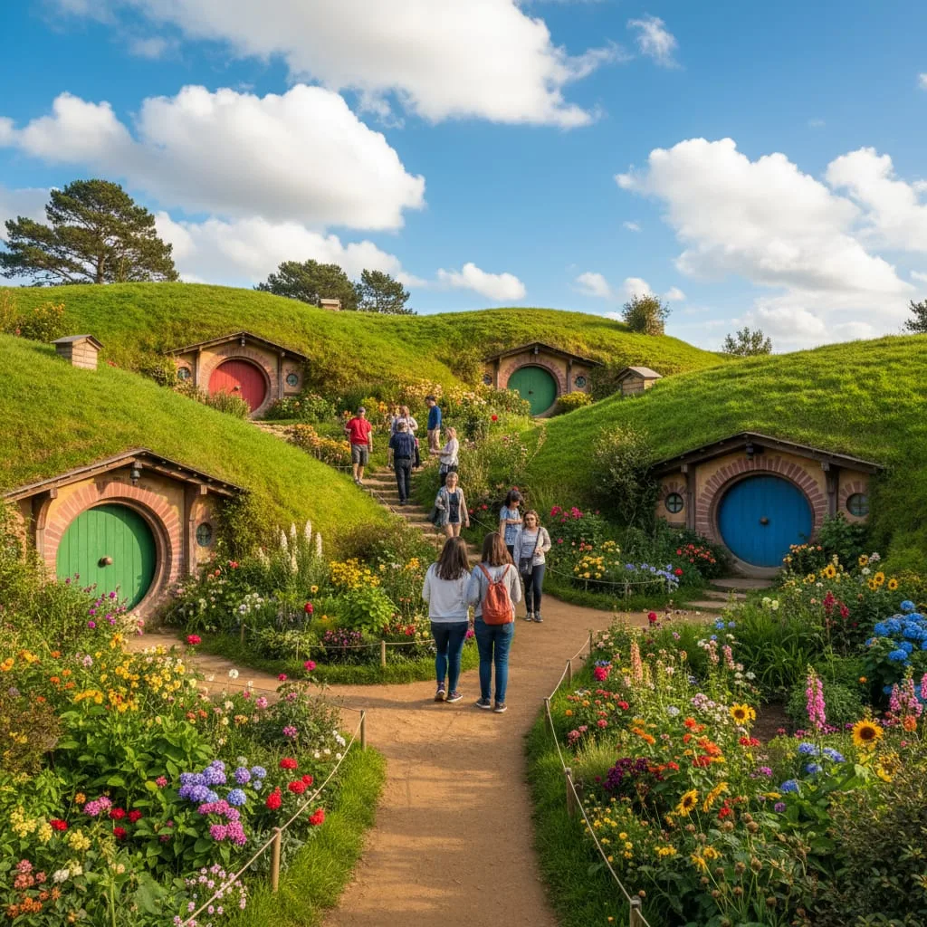 Hobbiton movie set tour in Matamata with round hobbit doors and green hills