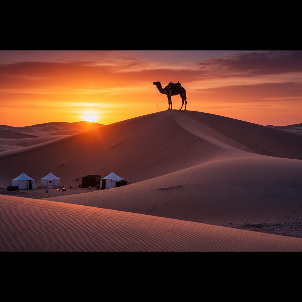 Wahiba Sands desert sunset camel silhouette Oman