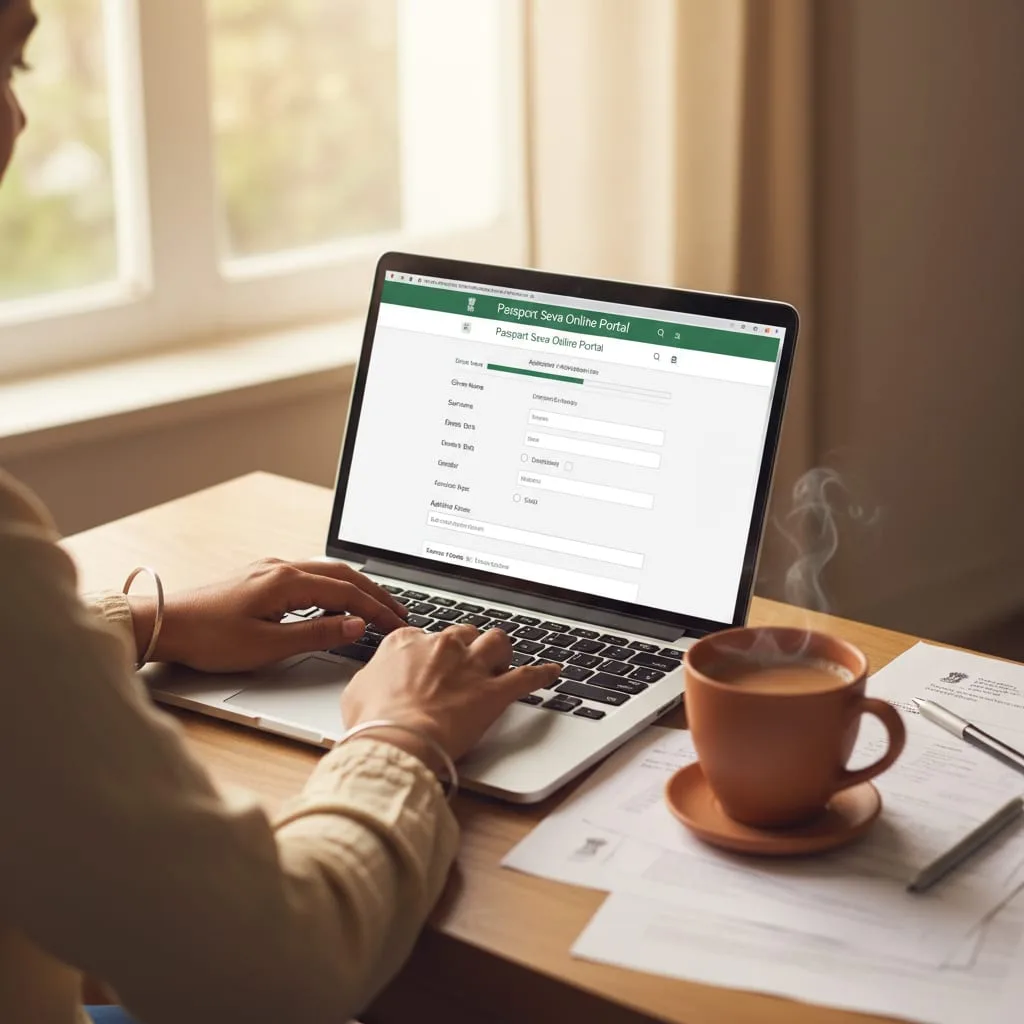 Person filling passport application form on Passport Seva website