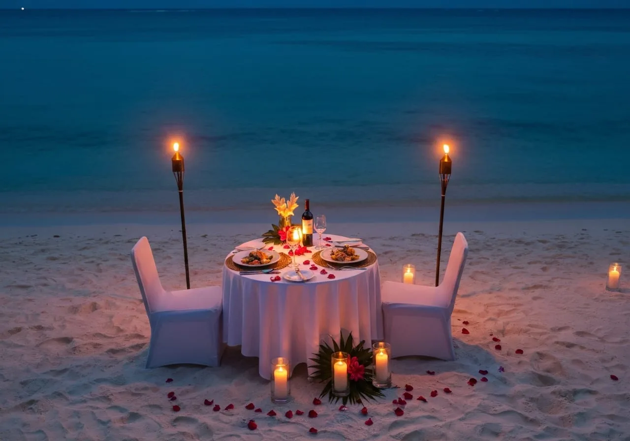private beach dinner setup romantic philippines honeymoon resort