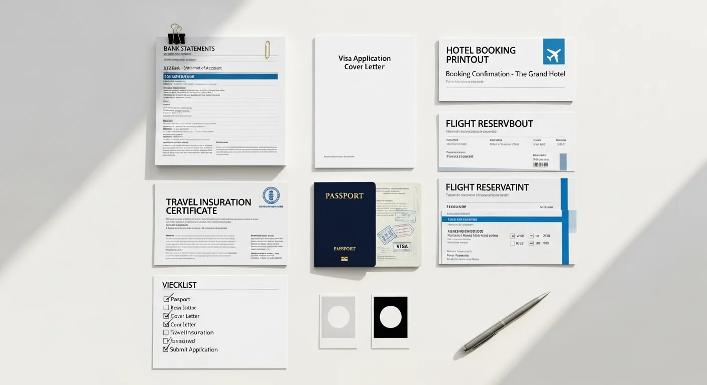 Schengen visa document checklist flat lay with passport and papers
