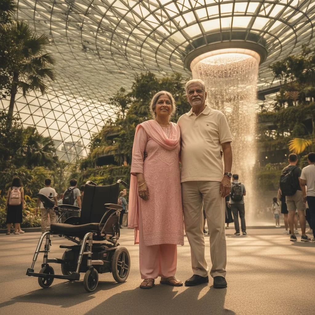 international travel senior citizens India couple enjoying Singapore Gardens by the Bay