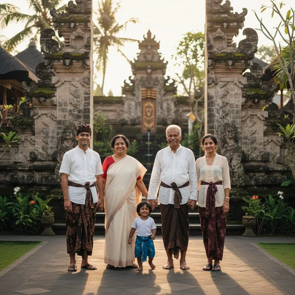 Multigenerational Indian family at Bali temple enjoying vacation together