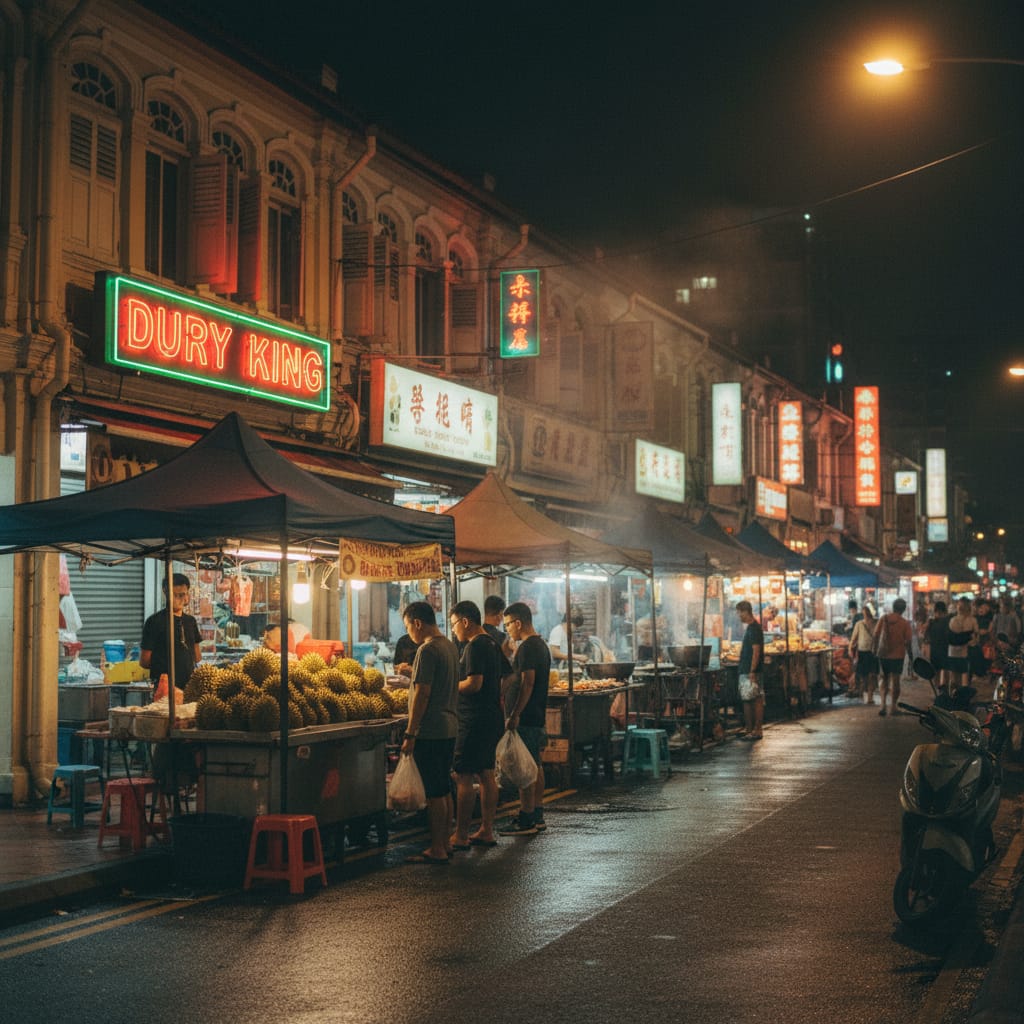 Geylang Singapore night scene with shophouses and food stalls under liquor control zone