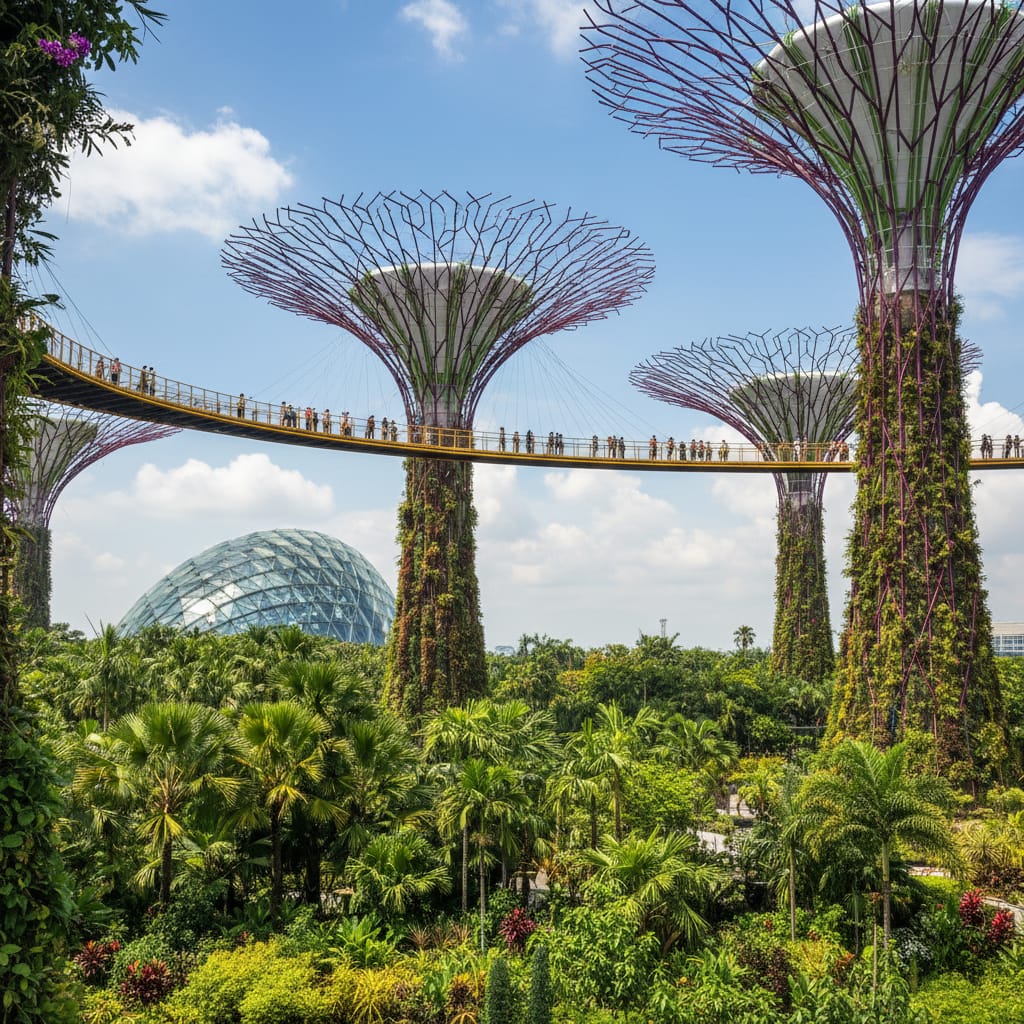 Gardens by the Bay Supertree Grove with tourists walking along the elevated walkway