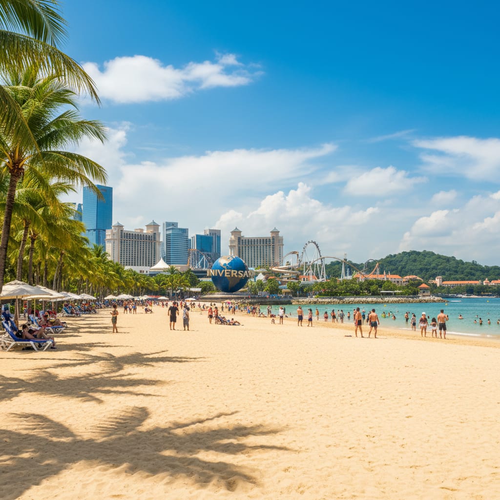 Sentosa Island beach in Singapore with palm trees and Universal Studios globe visible