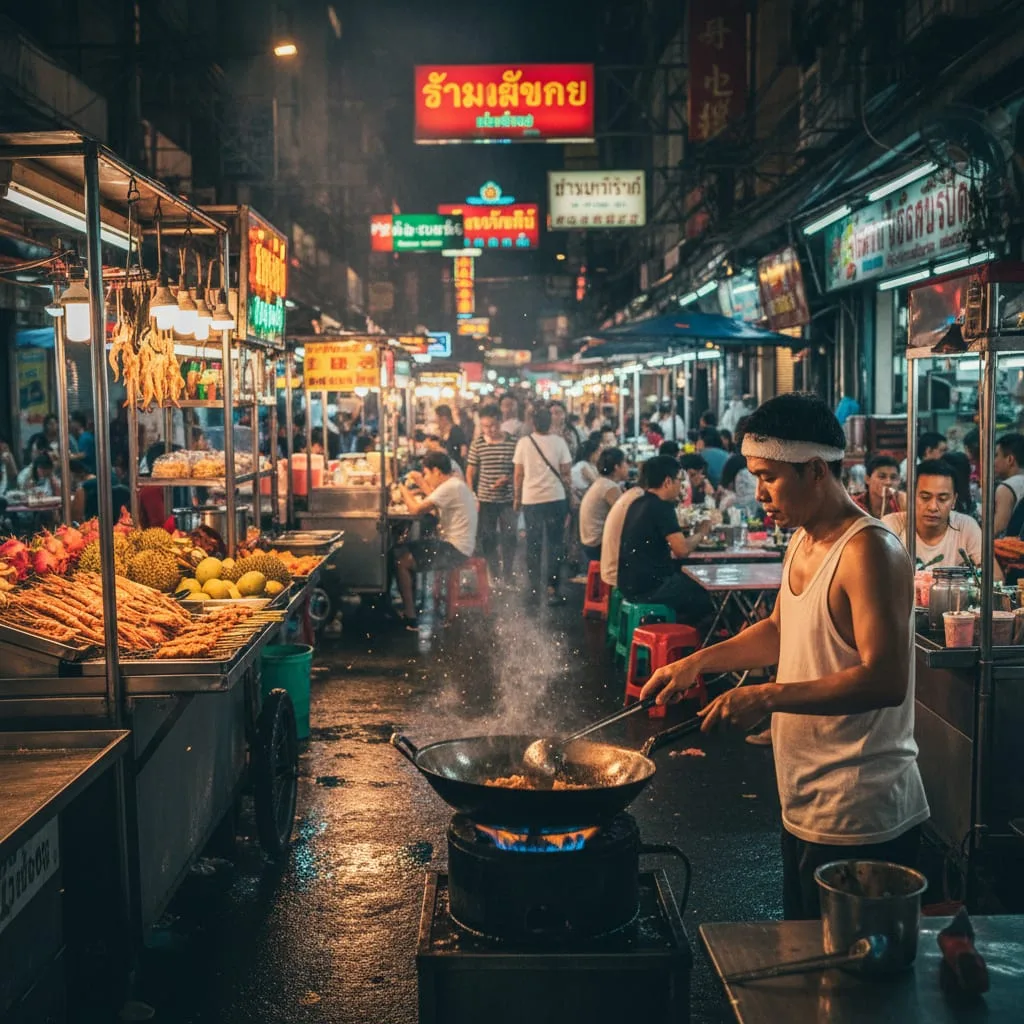 Bangkok street food market at night with wok flames and neon signs