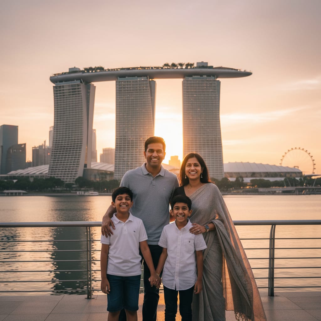 Indian family enjoying Marina Bay Sands Singapore with iconic skyline