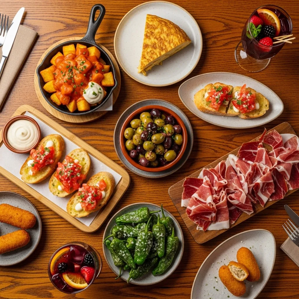Spanish tapas spread with patatas bravas and tortilla espanola