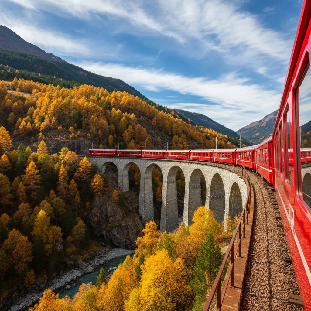 scenic swiss train crossing viaduct bridge in alps