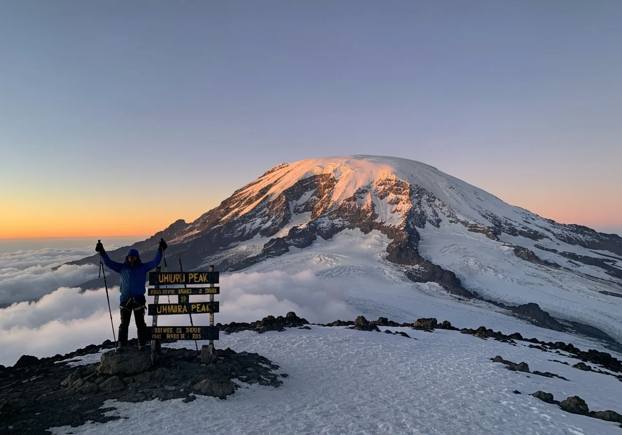 Tanzania trip from India - Kilimanjaro summit trekker at sunrise