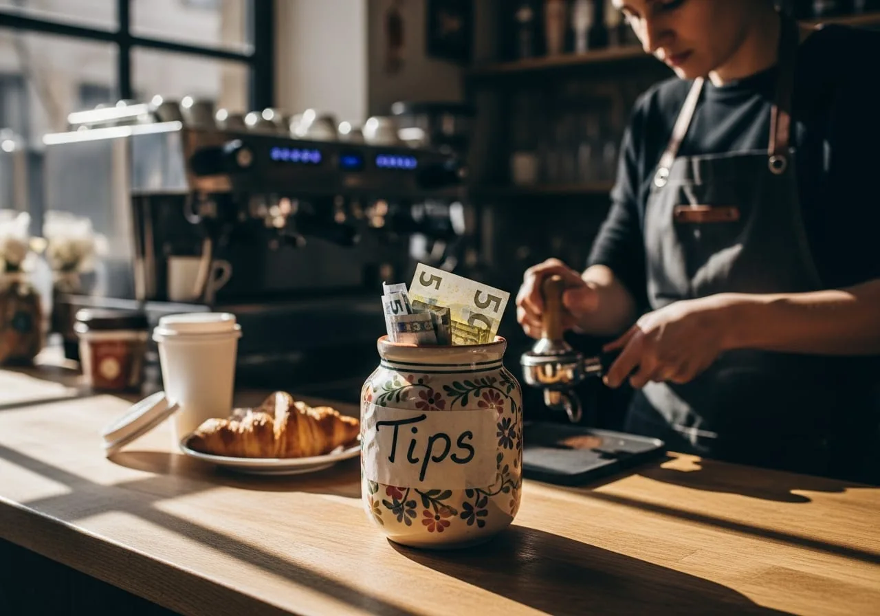 tip jar at European cafe counter for tipping guide abroad Indian travelers