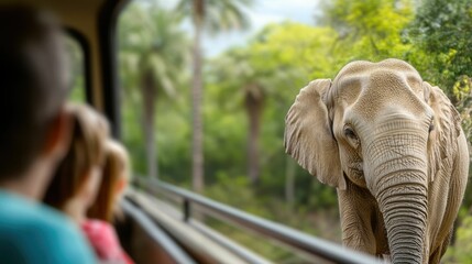 Close-up view of an elephant curiously approaching a tram carrying passengers in a lush, green wildlife park during the Night Safari Singapore experience."