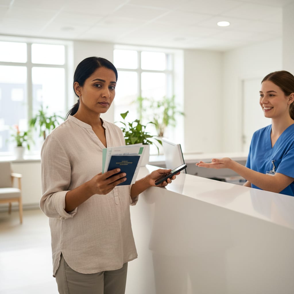 Indian traveler at hospital reception abroad filing insurance claim