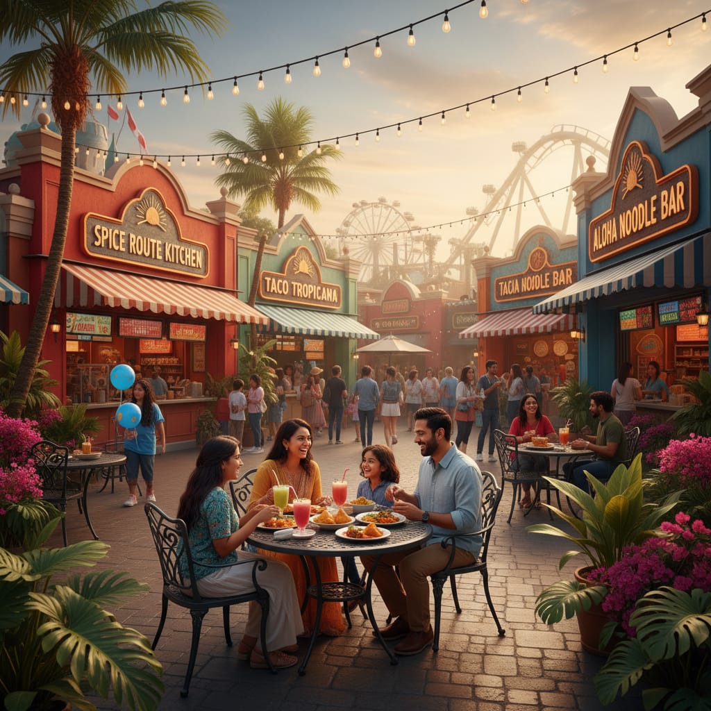 Theme park dining area with families enjoying food