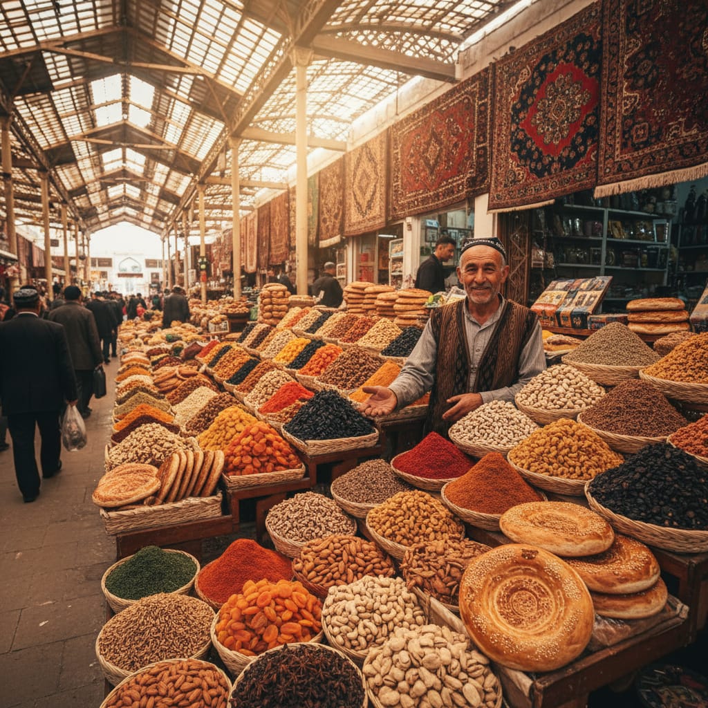 uzbekistan travel guide from india - bazaar with dried fruits and bread