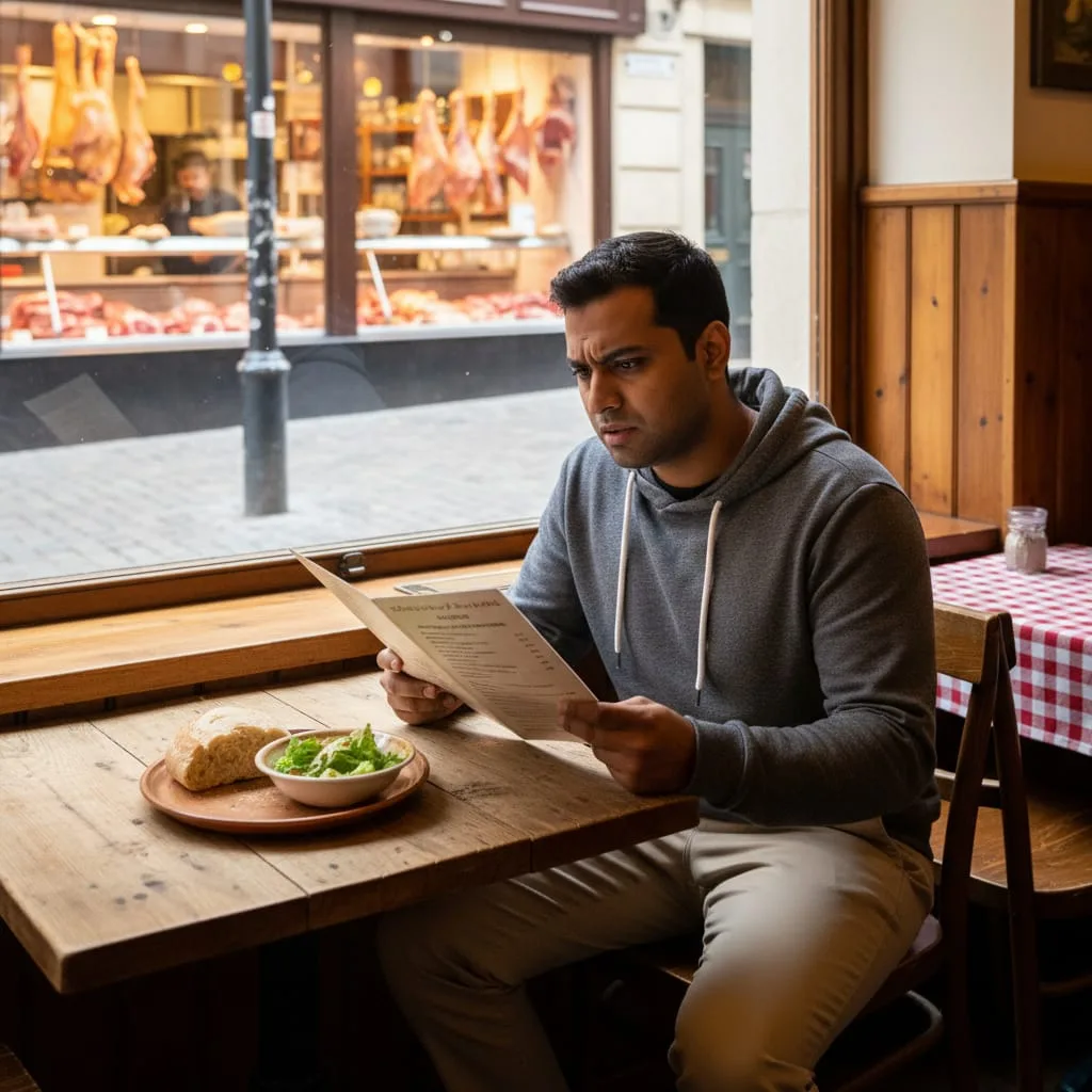 Frustrated Indian traveler looking confused at a foreign meat-heavy restaurant menu