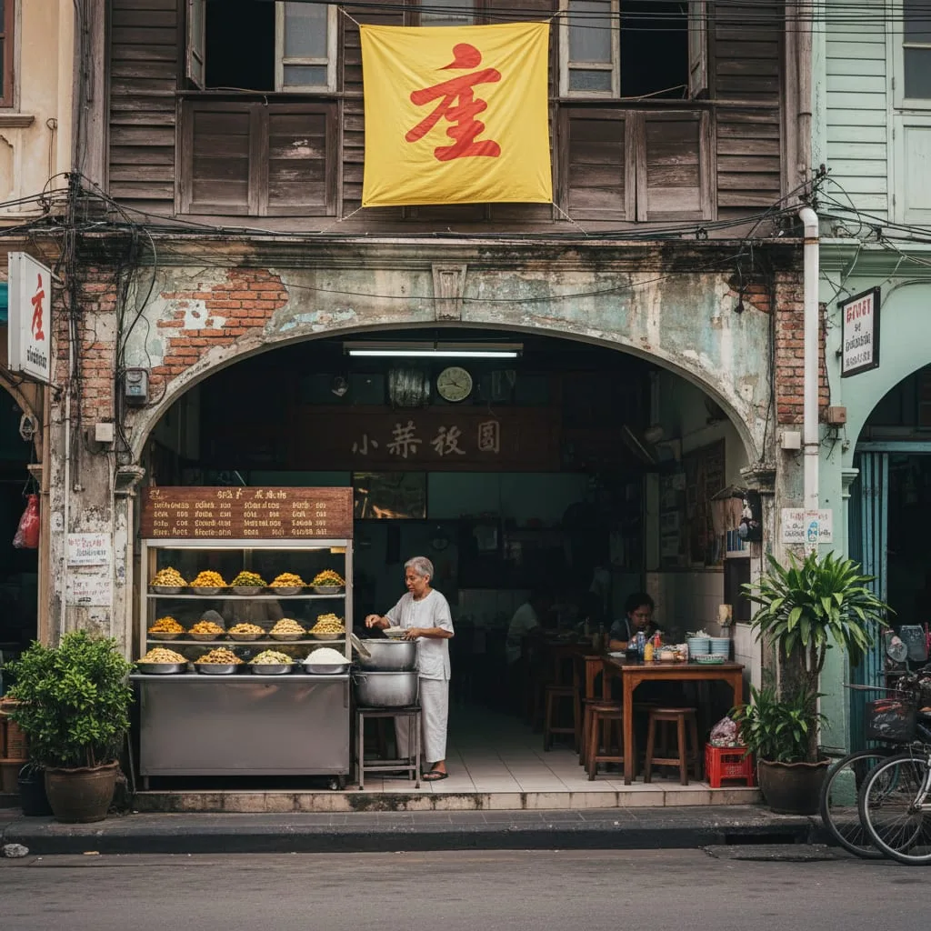 vegetarian food Thailand Indian travelers - Jay Buddhist restaurant with yellow flag