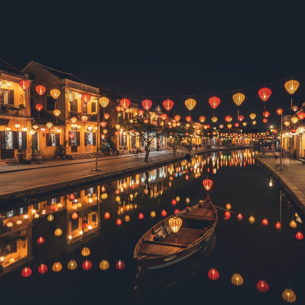 Hoi An ancient town at night with colorful silk lanterns reflecting in Thu Bon River